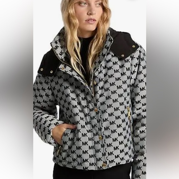 Michael Kors Jackets & Blazers - MICHAEL KORS Women Gray LogoJacquard Hooded Puffer Jacket XS NWT $395